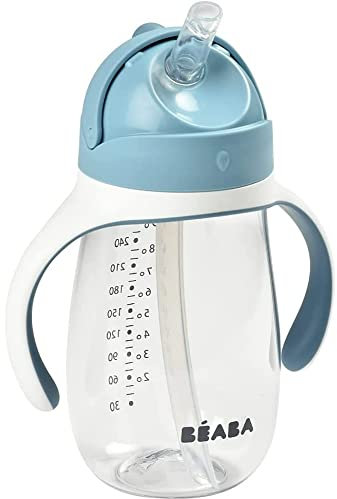BÉABA Taza de Aprendizaje con Boquilla para Bebe, Biberón 100 % hermético, Taza Antigoteo con pajita, Antiderrame, 2 en 1, Asas extraíbles, Resistente, Tritan y silicona, 300ml, Blue