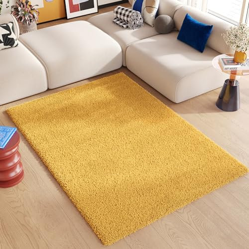 TAPISO Essence Teppich Hochflor Langflor Shaggy Gelb Senfgelb Rechteckig Super Weich Felloptik Schlafzimmer Wohnzimmer ÖKO-TEX 80 x 150 cm
