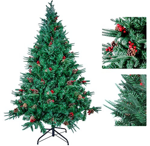 himaly Künstliche Weihnachtsbäume 150 cm mit 450 Spitzen, PVC/PE Material Naturgetreue Tannenbaum künstlich Christbaum, 39pcs echten Tannenzapfen, 39pcs roten Früchten für Innen und Außendekoration