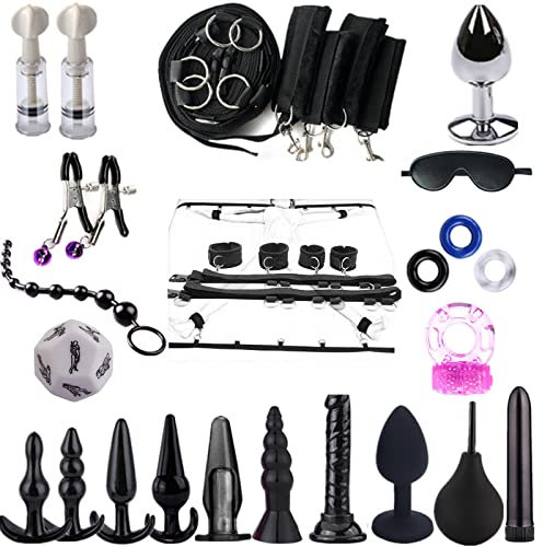 BDSMAGE SM Bondage Set mit 28 Stück,Bettbündelset Fesselset mit Handschellen Fußfesseln Augenmaske Anal Plug Penisring Nippelsauger Nippelklemmen Würfel Analdusche und Vaginaldusche
