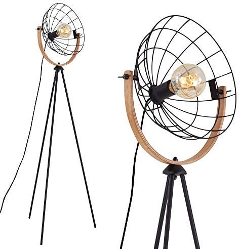Briloner Leuchten - Stehleuchte, Stehlampe, Studiolampe retro, vintage, 1x E27, max. 40 Watt, inkl. Kabelschalter, Schwarz-Holz, 595x1490mm (BxH), 1385-015