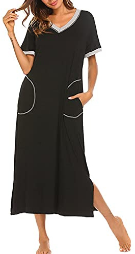 GTHTTT Chemise de Nuit Femme Col V Manches Courtes Nuisette T Shirt Long Robe avec Poches Doux à Porter et Confortable Vêtement de Nuit,Noir,XXL