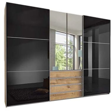 Froschkönig24 magicGlas Schwebetürenschrank Schiebetürenschrank mit Spiegel Plankeneiche/Grau, Höhe in cm:236 cm, Schließdämpfung:mit Schließdämpfung