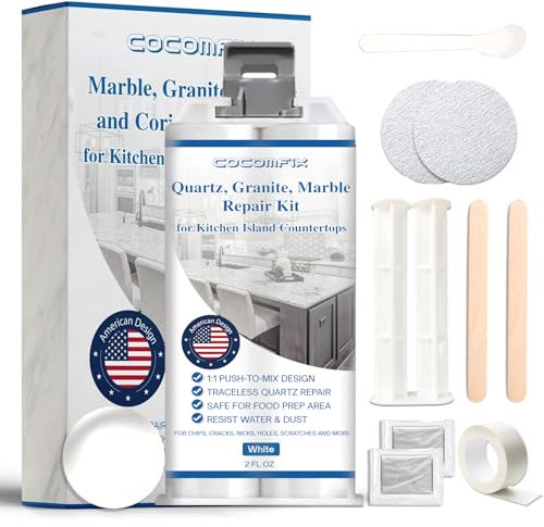 cocomfix Kit de reparación de cuarzo para encimera (blanco), kit de reparación de virutas de cuarzo de secado rápido para astillas, grietas, arañazos y agujeros en cuarzo, mármol, granito, porcelana y