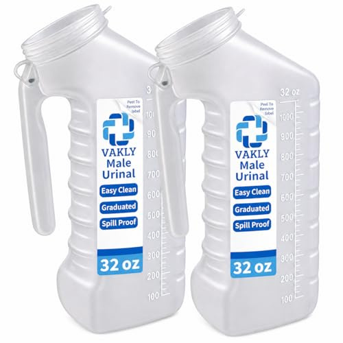 Male Urinal with Glow in The Dark Cover [32oz Pack of 2] Portable Pee Bottles for Men Used for Hospitals, Incontinence, Emergency and Travel (2)