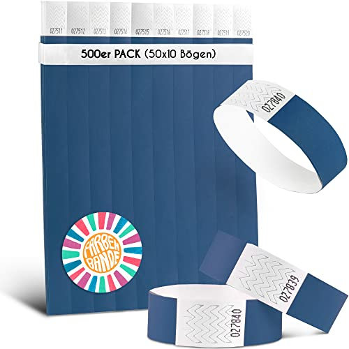 FARBEN BANDE® 500 Einlassbänder Blau/Eintrittsbänder 19mm aus Tyvek/Party Bändchen reißfest, wasserdicht und nummeriert/farbige Partybänder/Einlassbändchen für Party, Festival & Feste