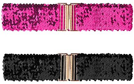 Allegra K Damen Breite Taillengürtel Interlock-Schnallen Pailletten-Dekor Glänzend Dehnbare Gürtel, 2 Stück Rosenrot 60cm/23.62