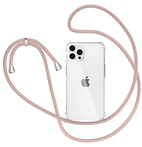 XTCASE Handykette für iPhone 14 Pro Hülle mit Band, Transparent Silikon Handyhülle für iPhone 14 Pro mit Kette Stossfest Schutzhülle - Schnur mit Case zum Umhängen in Roségold