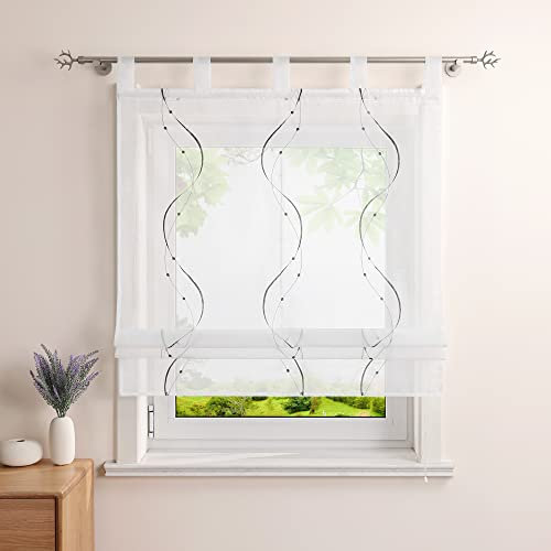 Heichkell Raffrollo mit Schlaufen Voile Tranparent Vorhang Bestickt Modern Raffgardine für Küche Wohnzimmer Schlafzimmer Grau BxH 60x140cm