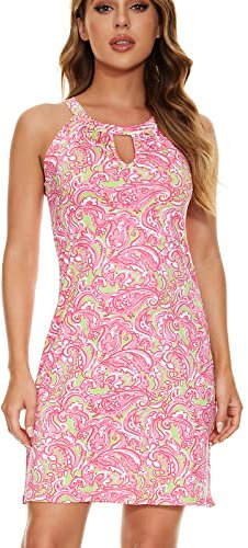 Valpeak Robe dos nu pour femme - Robe d'été décontractée à motif floral - Sans manches - UPF50+, rose, Taille XL
