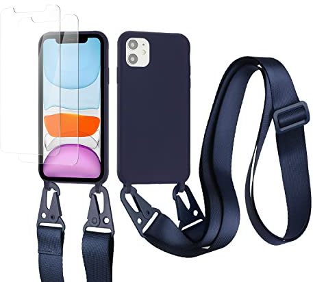 vrupin kompatibel mit iPhone 11 Handykette Hülle,[2 Stück Schutzfolie 9H Härte Gehärtete Folie].Necklace Hülle Nylon Schultergurt Weich Flüssiges Silikon-Navy blau