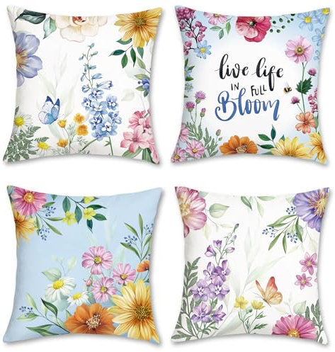 Bonhause 4er Set Kissenbezüge Frühling Blumen 45 x 45 cm Garten Blume Dekorative Kissenhülle Zierkissenbezüge für Sofa Schlafzimmer Wohnzimmer Auto Zuhause Dekoration