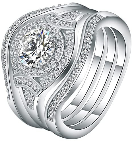 Ring Damen 3 Teilig, Ring Woman Silber Eheringe 3-Ring-Set Eleganter Runder Zirkonia 52 (16.6) Verlobungsring für Frauen