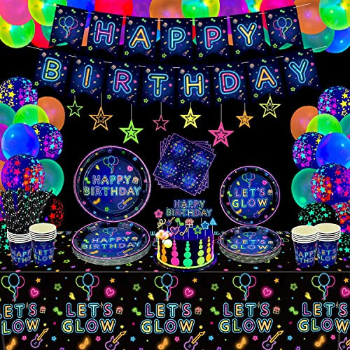 170 PCS Glow Neon Festtillbehör Neon Glow Bordsservis Set Neonballong som lyser i mörkret Happy Födelsedagsbanner Hängande Swirl Plate Servetter Cup för Blacklight Party Decoration Serverar 20