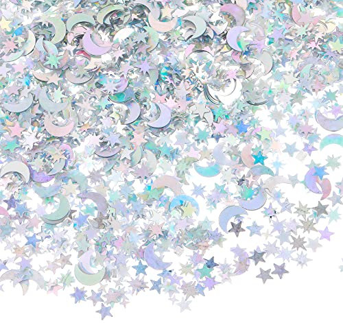 Prasacco Stern und Mond Konfetti, 60g Silber Glitzer Stern Mond Konfetti Holografisches Konfetti Kunststoff Stern und Mond Streu für Hochzeiten, Geburtstage, Jubiläen Dekorationen und DIY-Basteleien