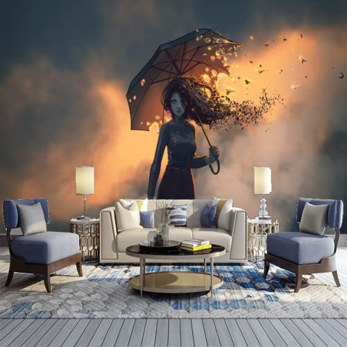 Mysteriöse Frau Des Sonnenuntergang-Himmels Fototapete, Brennender Regenschirm Digital Art Style Wandtapete, Wandbild Dekoration - für Zimmer Küchen die Mauer 200 x 140 cm