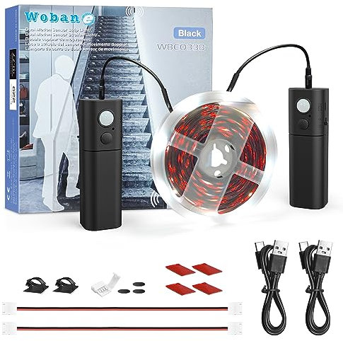 WOBANE 5m LED Band mit Bewegungsmelder, Wiederaufladbare Treppenbeleuchtung mit 2 Sensor,LED Strip Batteriebetrieben,LED Schrankbeleuchtung für Küche,Bett,Speisekammer,Flur,Weiß,2 * 2200mAh,Schawrz