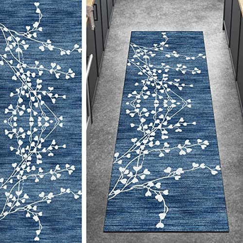 Ymural Vintage Teppich Läufer Flur Lang Kücheläufer 60x200CM Blau Kücheläufer rutschfest Teppichmatten Teppichläufer Waschbar Kurzflor Polyester Korridor Schlafzimmer, Anpassbar Breite 40-120cm