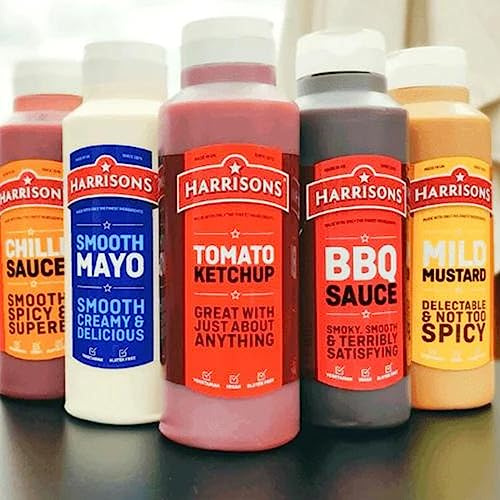 Harrisons Tomato Ketchup, BBQ Sauce, Mild Mustard Sauce, Chili Sauce & Smooth Mayonnaise Sauce Bottles - Pack of 5 Sauces Bottle 1L Each - Made in UK