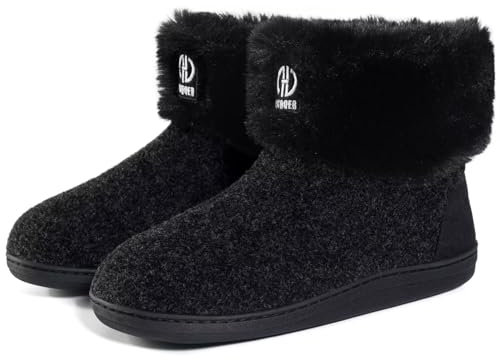 GURGER Hüttenschuhe Herren Plüsch Gefüttert Damen Hausstiefel Winter Warm Filz Hausschuhe Hohe Feste Sohle Filzpantoffeln Hüttenstiefel Pantoffeln, Schwarz Größe 38 39