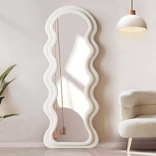 YOSHOOT Wavy Mirror, 60x160cm Floor Tall Body Mirror, unregelmäßiger großer Langer Spiegel, Ankleidespiegel für Schlafzimmer Wohnzimmer, an die Wand gelehnt, Flanell umwickelter Holzrahmen (Weiß)