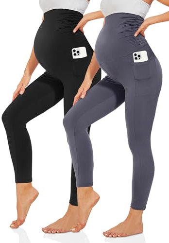 TNNZEET Umstandsleggings Damen Umstandsmode Blickdicht Schwangerschaft Leggings Umstandshose Lang mit Taschen für Yoga(Schwarz/Dunkelgrau,M)