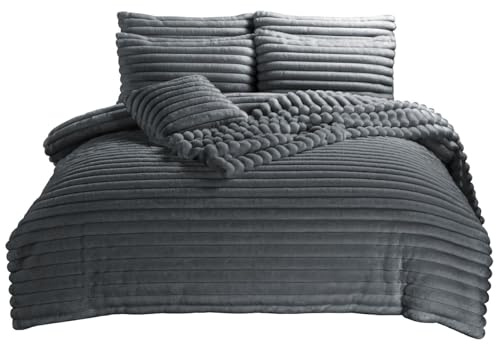 London Dream Big Cord Teddy Fleece Duvet Cover Set with Pillowcases Curtain Throw Cushion Cover Super Soft Warm Cosy Quilt Cover Xmas Bedding Set (Charcoal, Super King Duvet Set)