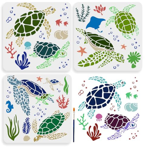 MAYJOYDIY 3 Stück Meeresschildkröten Schablone 30x30cm Meerestier Schablonen Mit Pinsel Wiederverwendbar Koralle Muschel Seepferdchen Seetang Seestern Qualle Vorlage Für Leinwand Wand Heimdekoration