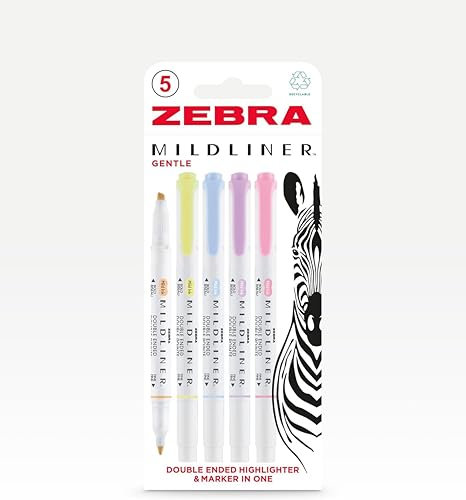 Zebra Pen Dual Tip MILDLINER Gentle Highlighters & Colouring Pens 5pk - Double Sided Felt Tip Pens with 4mm Broad Chisel Tip & 1mm Fine Bullet Tip, Assorted Pastel Highlighter Colours - 5 Pack