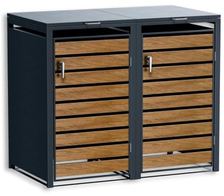 Metzler Mülltonnenbox in Anthrazit & Holzoptik mit Pflanzdach 2er Tonnen, Kapazität bis 240L, witterungsbeständiger und pulverbeschichteter Stahl mit Automatikdeckel, abschließbar, Garten- und Müllbox