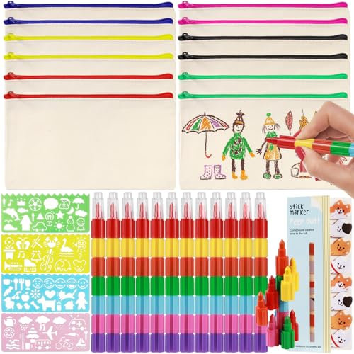 VINEST 12 Federmäppchen Stoffbeutel zum Bemalen, Kindergeburtstag Gastgeschenke Stofftaschen zum Bemalen, Kindergeburtstag Basteln Diy Stoffbeutel mit 12 Bunte Stifte 4 Zeichenvorlagen 1 Haftnotizen