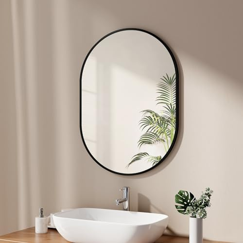 EMKE Badspiegel Oval 60 x 80 cm Spiegel mit Schwarzer Rahmen Wandspiegel Oval Horizontal/Vertikal Badezimmerspiegel Ovaler Spiegel Schwarz Dekorativer HD Wandspiegel für Badezimmer, Flur