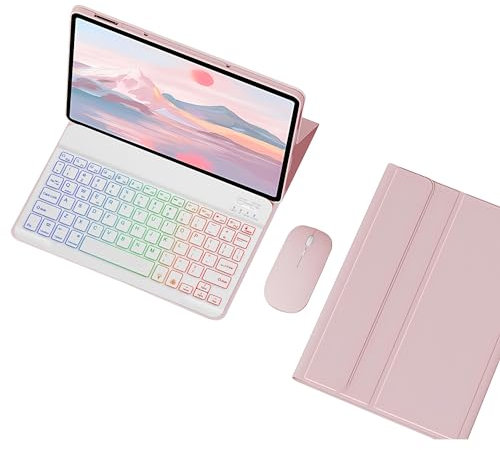 HLTOOP Custodia con Tastiera per Lenovo Tab M11 11 2024, Tastiera Retroilluminata A 7 Colori Con Mouse, Cover Posteriore in Morbido TPU,Rosa