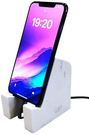 FLOWMAR Marmor-Handy-Tablet-Ständer auf Schreibtisch, Arbeitsplatte, Tisch, Nachttisch, lässt den Ladeanschluss verfügbar, luxuriöser schwerer Quarzstein, für alle Smartphones (weißer Marmor)
