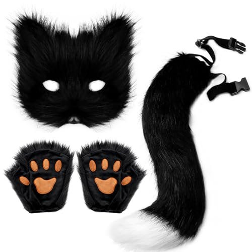 MISNODE Katzen-Therian-Maske und Schwanz-Set, Tiermaske, Pelzige Therian-Maske, Wolfsmaske, Weiße Katzenmaske, Halbmaske für Maskerade, Katzenmaske, Therian-Wolf, (A)
