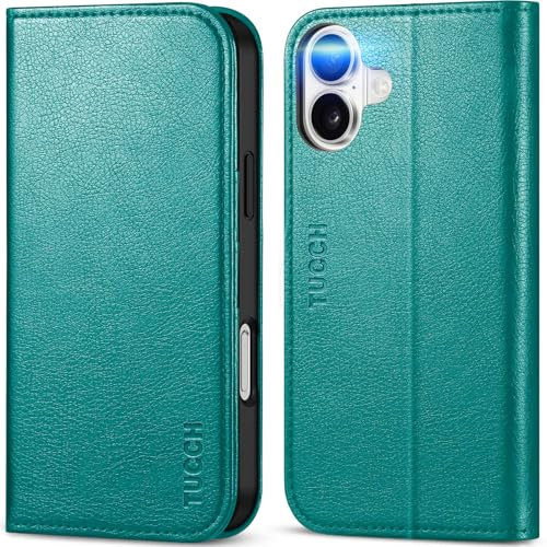 TUCCH Wallet Case for iPhone 16 Plus (6.7) 2024, PU Leather Flip Folio Foldable Phone Case with[RFID Blocking][Card Holders][Shockproof TPU Cover][Viewing Stand] Compatible with iPhone 16 Plus, Cyan