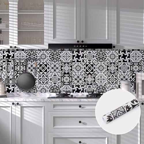 Abyssaly Vinilos Azulejos Adhesivos Baño Cocina, Vinilo Adhesivos Pared Cocinas Blanco y Negro, Baldosas Pared Baños Decoracion Vintage 30 x 300 cm