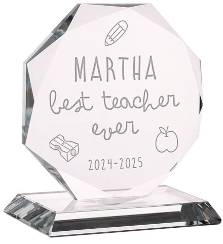 Wanapix | Personalisierte Trophäe mit Name und Text | Graviertem Glas (Grauskala) | Personalisierte Trophäe | Inklusive Aufbewahrungsbox | Auszeichnung | Achteckig 10 cm | Bester Lehrer