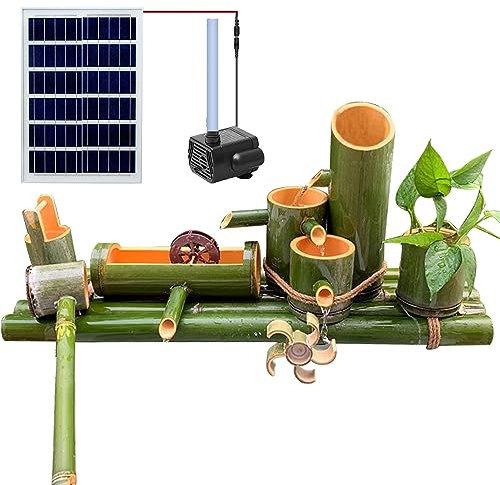 Fontaine en bambou autoportante faite à la main, fontaine de jardin zen solaire, avec pompe, cuillère, rangée de bambou et roue Feng Shui, pour la circulation de l'eau du jardin à la maison, créativit