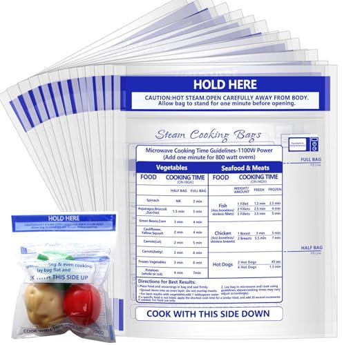 Sel Natural 24 Pcs Reusable Microwave Steam Cooking Bags, Clear Zipper, Heat-sealed Plastic Edges, Ideal for Vegetables, Potatoes, Meat