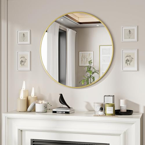 BEAUTYPEAK 60 cm Runder Spiegel in Gold, Rund Dekorativer Wandspiegel mit Aluminiumrahmen, Bruchsicherer Badezimmer Spiegel zum Aufhängen und Anlehnen, Wandspiegel für Schlafzimmer, Bad, Wohnzimmer