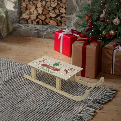 ECD Germany LED Deko Schlitten aus Holz mit 60 warmweißen LEDs, 60x21x13,5 cm, Braun, Batterriebetrieben, Beleuchteter Dekoschlitten mit Timer, Weihnachtsdeko Weihnachten Dekoration Deko Holzschlitten
