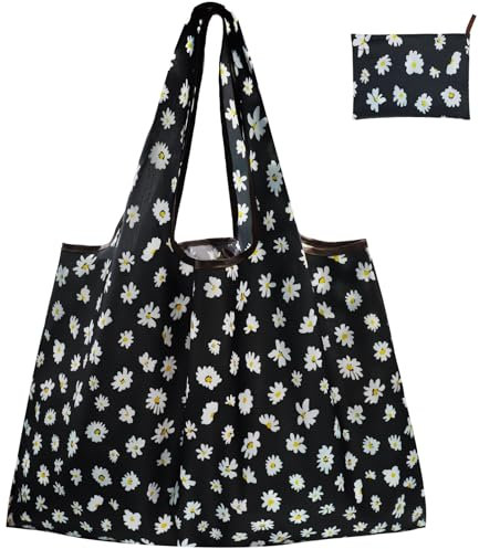FenFang Einkaufstasche Faltbar Groß, Einkaufsbeutel Stoff Wiederverwendbare, Mehrwegtasche Umweltfreundlich Faltbare Tasche Leichte Schnelltrocknend für Einkauf Reise Ausflug (Schwarze Blume)