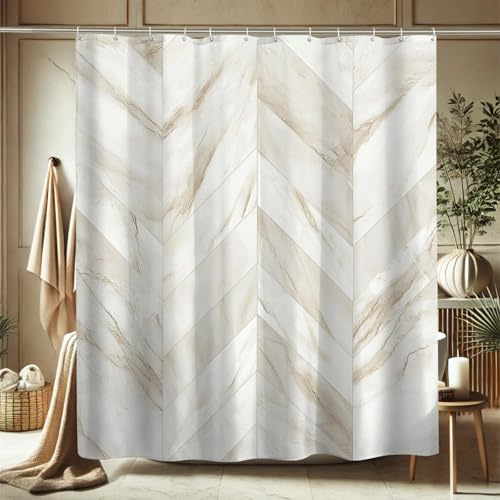 Rideau de douche en marbre élégant beige et blanc pour décoration de salle de bain, rideau de douche moderne minimaliste printemps été en tissu imperméable avec crochets 183 x 183 cm