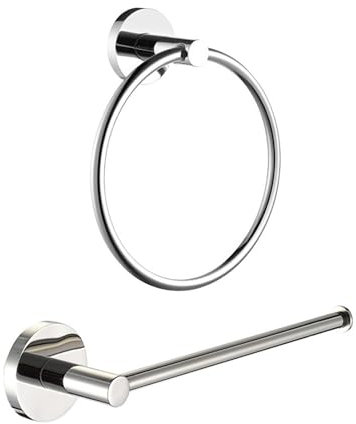Betadistor Wall Mounted 1x Towel Holder Ring, 1x Toilet Roll Holder, Chrome Toilet Paper Holder and Towel Ring Set - 2 Pcs Stainless Steel Bath Hardware Accessory for Bathroom Kitchen, Chrome, 09-0211