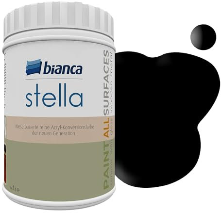 Bianca Stella Möbelfarbe Ohne Schleifen für Küche & Bad, Schwarz, Glänzend, 1000ml, Wasserbasiert, Möbellack für alle Oberflächen, Holzfarbe, Fliesenfarbe, Metallfarbe & Renovierfarbe