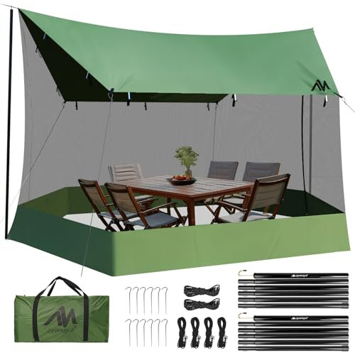 Bâche imperméable avec moustiquaire et barres, 3 x 5 m, ultra légère avec fermeture éclair, sardines, cordes de serrage pour hamacs, jardin, parc, terrasse, pic