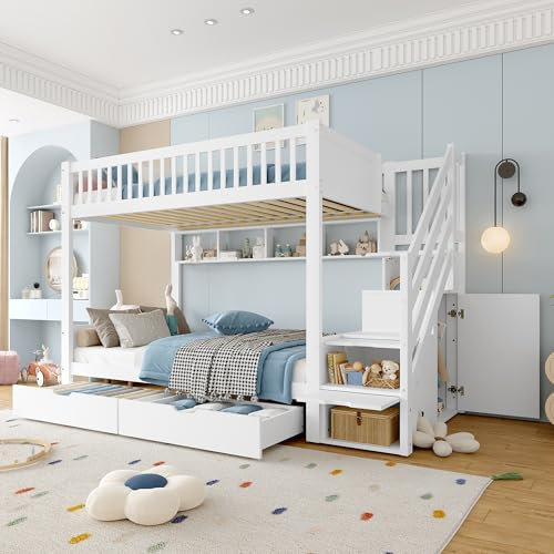 Rtopsu Letto a Castello per Bambini 90x200 cm con 2 Cassetti e Contenitore per Scale, Letto a Soppalco con Protezione Anticaduta, Letti a Castello con Rete a Doghe in Legno, Bianco, Senza Materasso