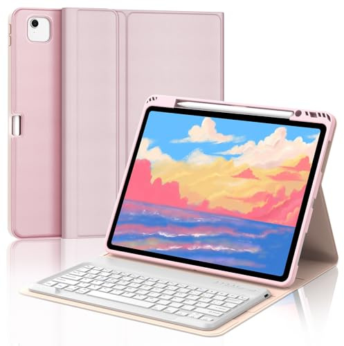 Tastatur für iPad Pro 12.9 (6. / 5. / 4. / 3. Generation) und iPad Air 13 | Mit Magnetisch Abnehmbarer Bluetooth Dünne Tastatur und Soft TPU Hülle mit Stifthalter für Büro/Studie/Schreiben, Rosa