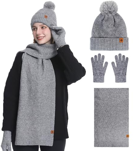 BESTORI Mütze Schal Und Handschuhe Set Damen Winter Weich Wärmer Strickmütze mit Bommel Touchscreen Handschuhe Thermo Langer Schal 3 In 1 Grau